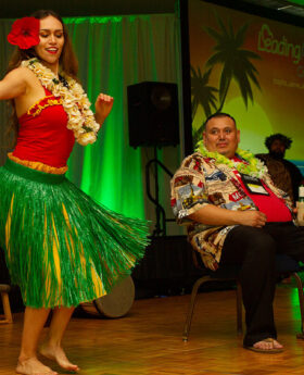 Hula dancer entertains the crowd at LeadingAge California's social event at their Annual Conference