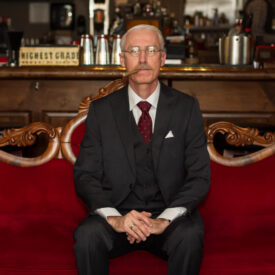 This photo is of my friend, local photographer and 1920s enthusiast Bob Herron. Bob wanted photos in this suit so we did the shoot at the Shady Lady bar in downtown Sacramento one morning. I can't say we had many challenges to this shoot! Bob